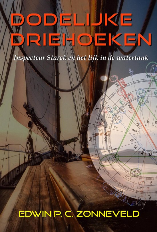 Boekomslag 'Dodelijke Driehoeken' met zeilboot en astrologische cirkel.