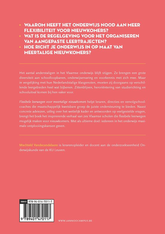 Achterkant van een boek met tekst over flexibele leertrajecten, auteursinformatie en ISBN-nummer.