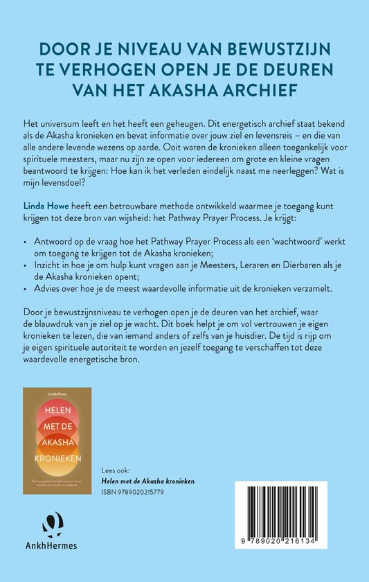 Achterkant boek met tekst en een kleine afbeelding van de kaft. Titel: Helen met de Akasha Kronieken.