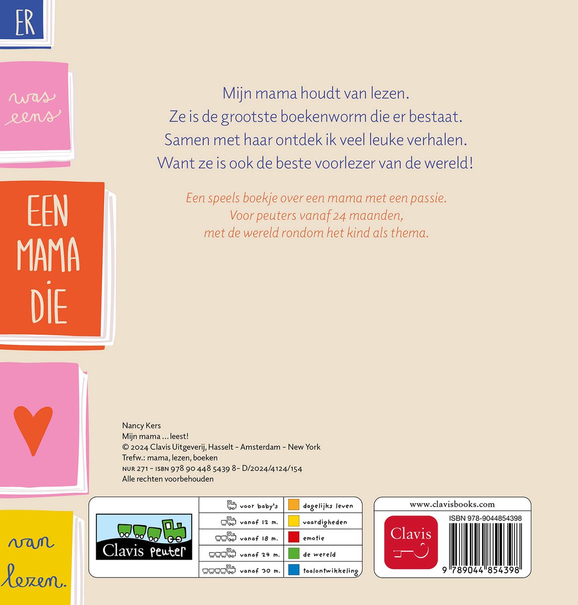 Boekomslag met de titel 'Een mama die van lezen', tekst over een moeder die graag leest en peuters. Een hartje en 'was eens'.