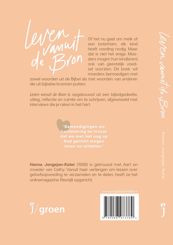 Boekomslag met de titel 'Leven vanuit de Bron' in sierlijke letters, met tekst en een ISBN-barcode.