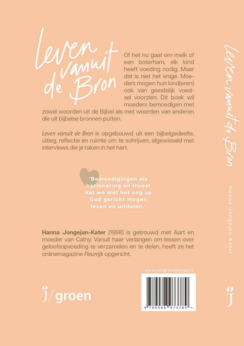 Boekomslag met de titel 'Leven vanuit de Bron' in sierlijke letters, met tekst en een ISBN-barcode.