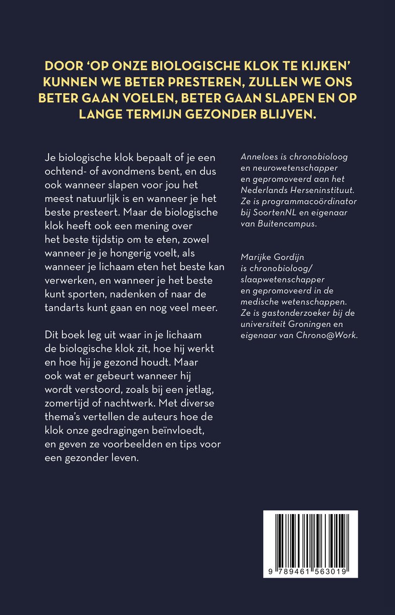 Achterkant van het boek 'De klok met duizend wijzers' met informatie over de biologische klok en de auteurs.