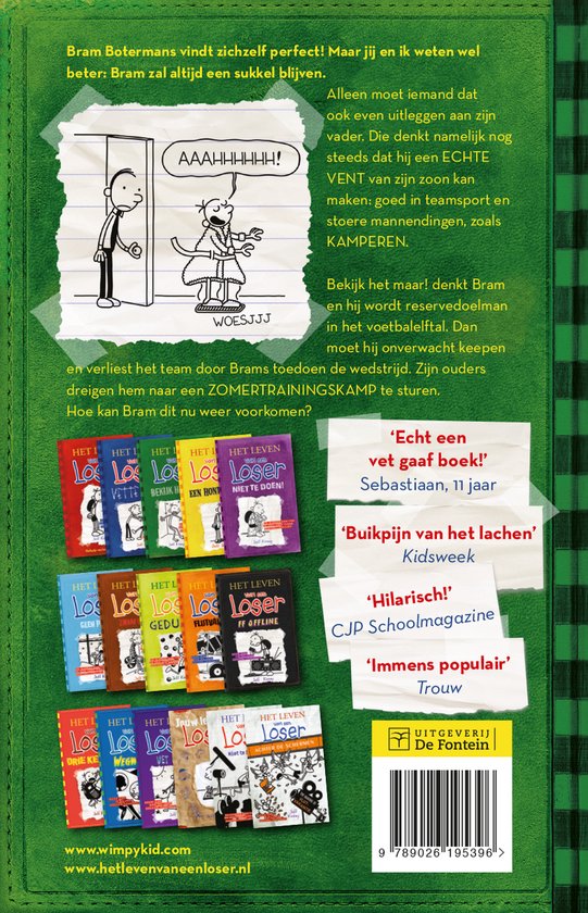 Achterkant van het boek 'Het leven van een Loser 3' met een illustratie van een scène uit het boek en een reeks kleine boekcovers.