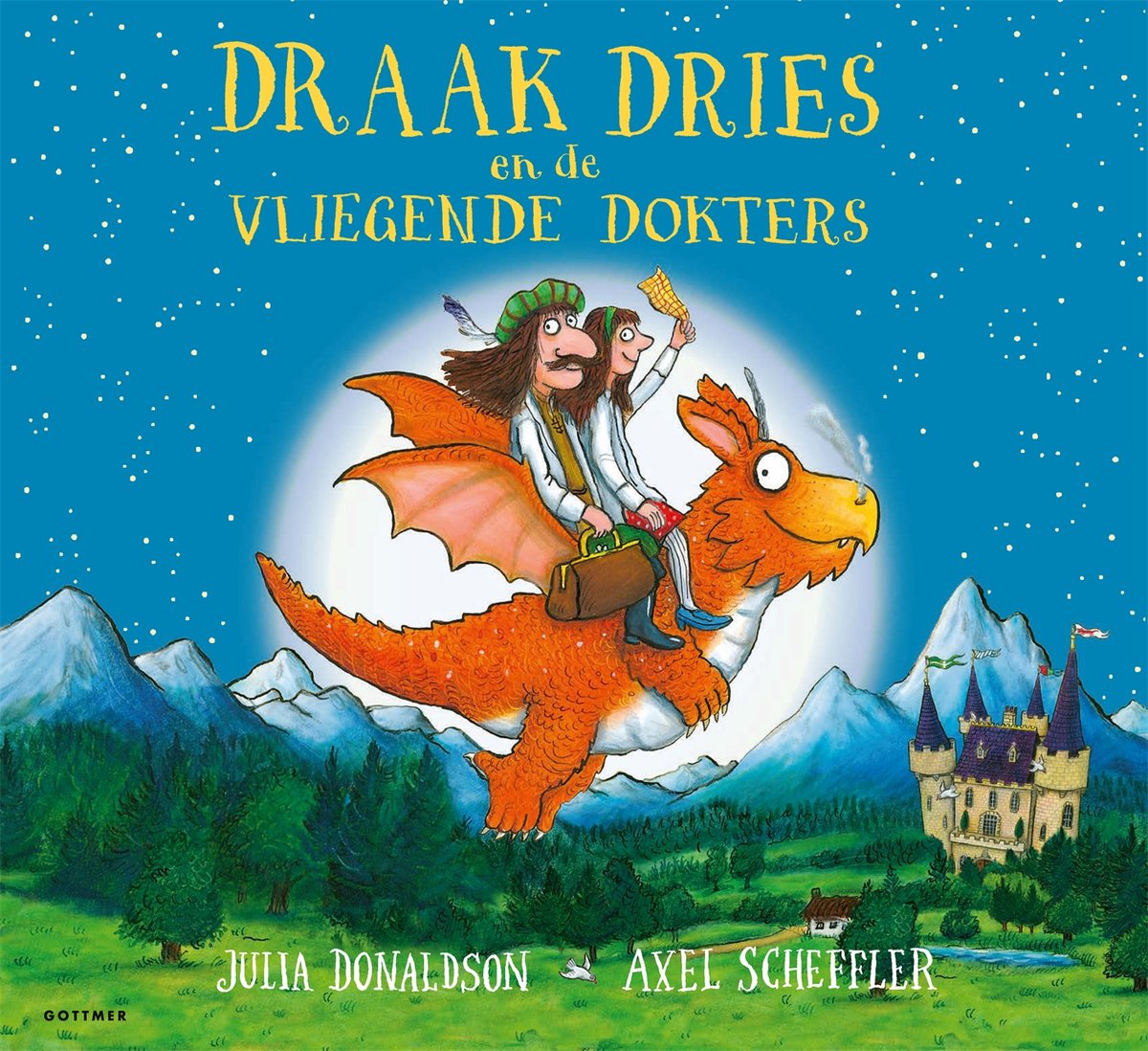 Boekomslag: Draak Dries en de vliegende dokters, met een draak die twee dokters met tas door de bergen vliegt.