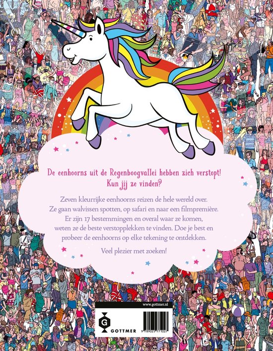 Wit eenhoorn met regenboogmanen, springend op een wolk boven de tekst 'De eenhoorns uit de Regenboogvallei hebben zich verstopt! Kun jij ze vinden?'.