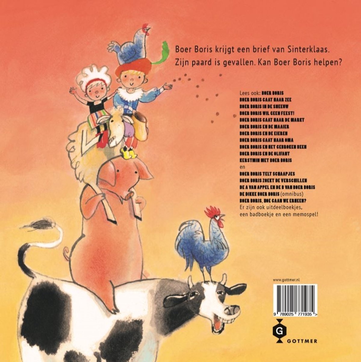 Boer Boris krijgt een brief van Sinterklaas. Zijn paard is gevallen. Kan Boer Boris helpen? Een koe, varken, schapen, geiten, kippen en een paard. Vele dieren helpen.