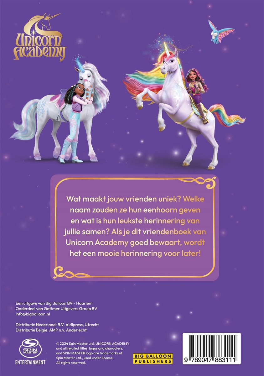 Twee meisjes op witte eenhoorns, een met regenboogmanen. Een luchtschip en de titel 'Unicorn Academy' zijn zichtbaar. Tekst in het Nederlands.