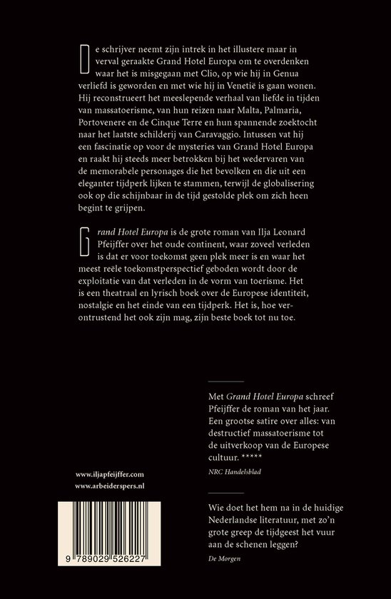 Boekcover met tekst over 'Grand Hotel Europa', ISBN en website.