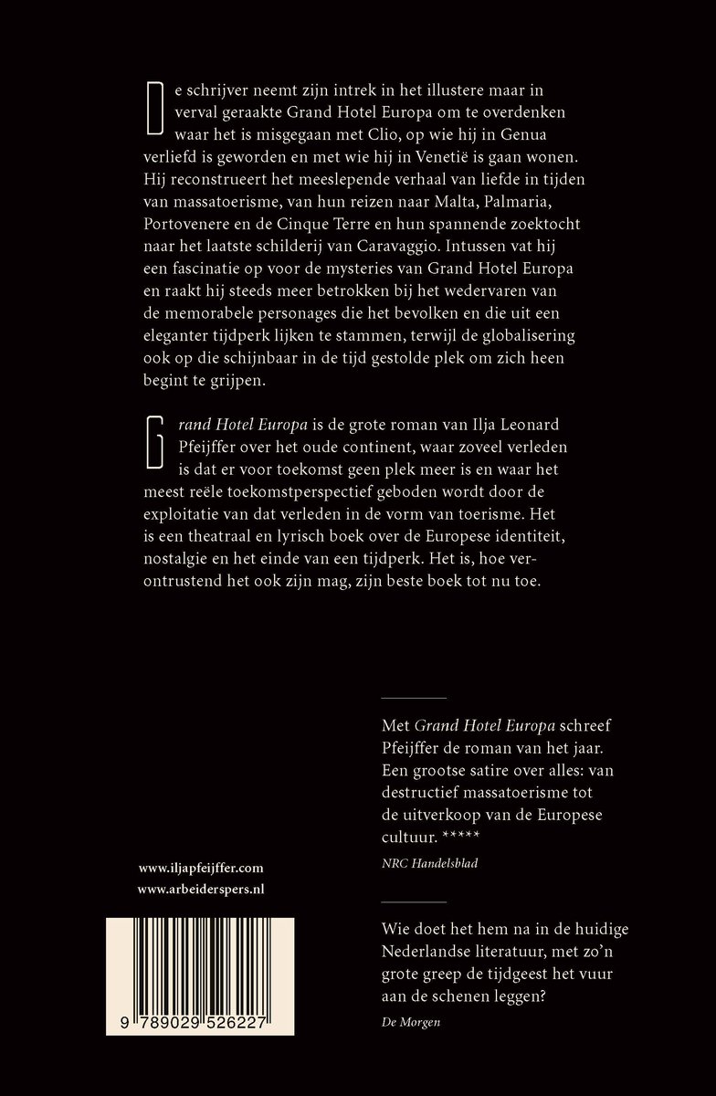 Boekcover met tekst over 'Grand Hotel Europa', ISBN en website.