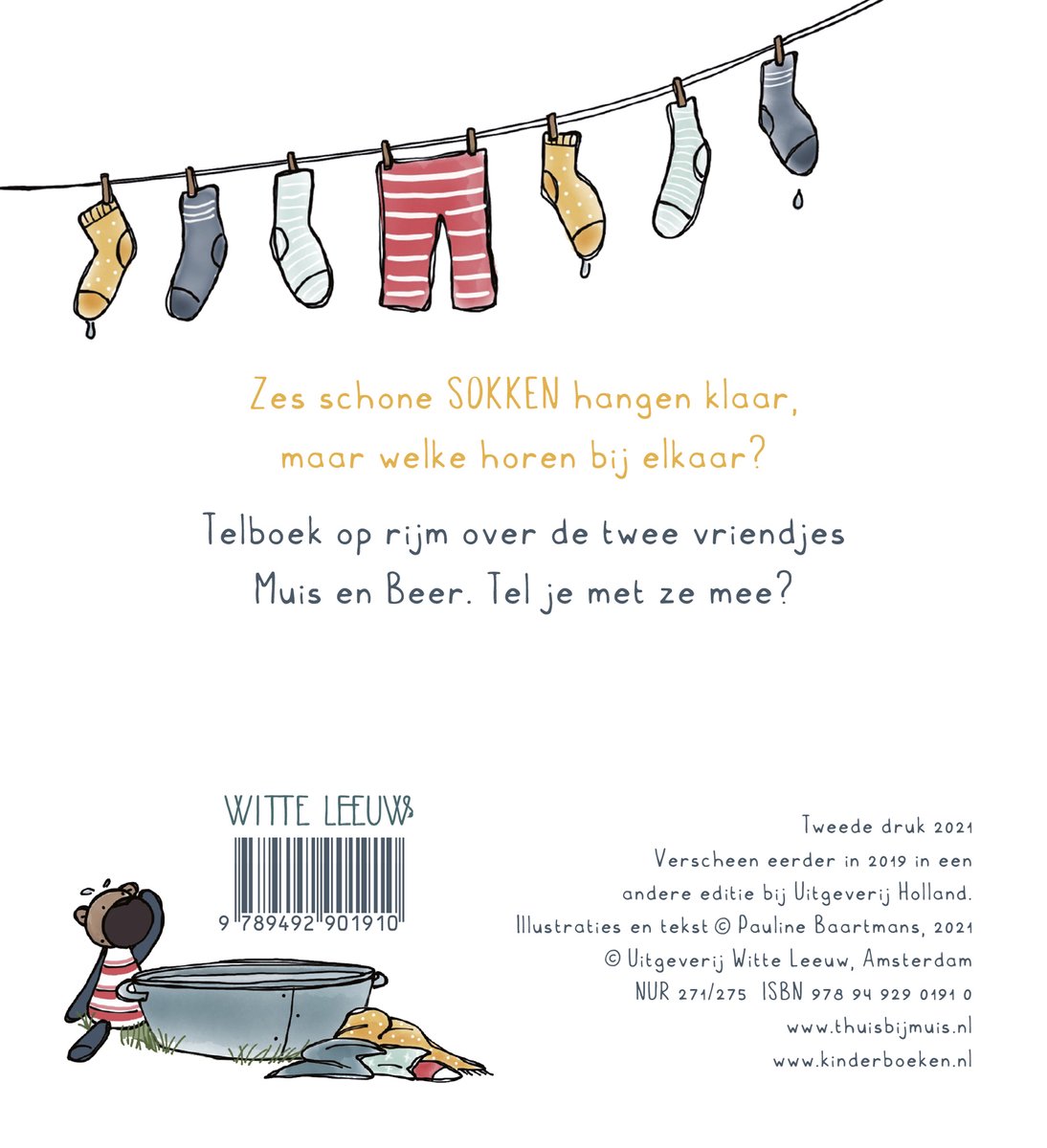 Zes sokken hangen aan een waslijn. Een boek met illustraties van Muis en Beer, en de tekst 'Zes schone sokken hangen klaar, maar welke horen bij elkaar?'