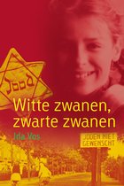 Boek "Witte zwanen, zwarte zwanen" van Ida Vos. Een geel Jodenster met tekst 'Jood', lachend meisje, straatnaambord 'JODEN NIET GEWENST'.