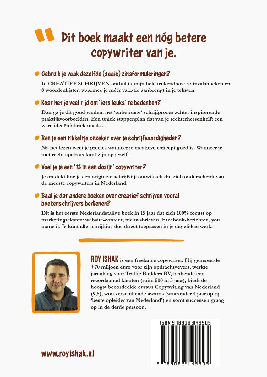 Boek 'Creatief schrijven voor copywriters' met een portretfoto van de auteur Roy Ishak.