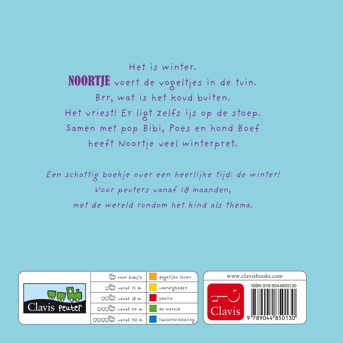 Boek met tekst, een afbeelding van treintjes en labels over leeftijd en thema's. "Noortje in de winter".