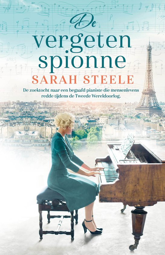 Une femme en robe bleu-vert joue du piano avec Paris et la Tour Eiffel en arrière-plan.
