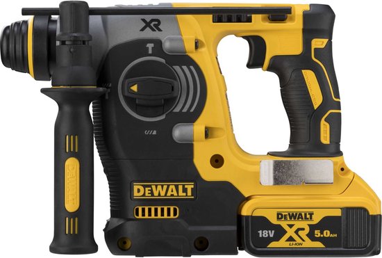 Gele en zwarte DeWalt SDS-plus combihamer met een 18V 5.0Ah accu.