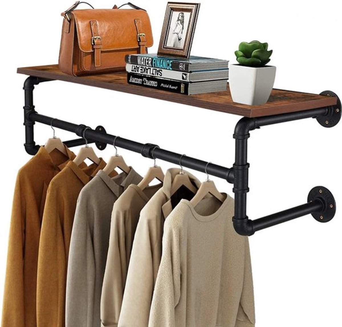 Roggi® - Industrieel Kledingrek met Houten Plank - Wandmontage - Multifunctionele Opslag - Steigerbuis - Zwart - 100 x 25 x 22