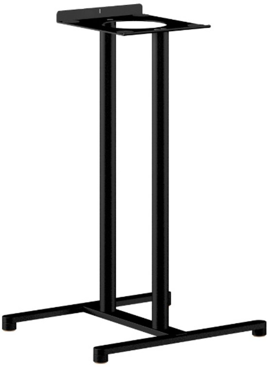 Zwarte, slanke speakerstandaard met een kruisvormige voet.