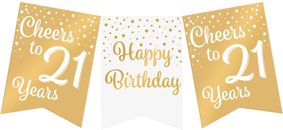 Vlaggenlijn | Set á 6 stuks | Feestvlaggen banner goud wit | met tekst 21 jaar | 6 meter | 10 vlaggen | hoogte 20 cm