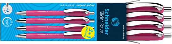 Een doos met vier roze Schneider Slider Rave pennen, inclusief een gratis pen.