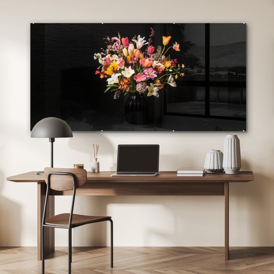 MuchoWow® Glasschilderij 160x80 cm - Schilderij acrylglas - Vaas - Bloemen - Tulpen - Foto op glas - Muurdecoratie woonkamer - Wanddecoratie slaapkamer - Schilderijen