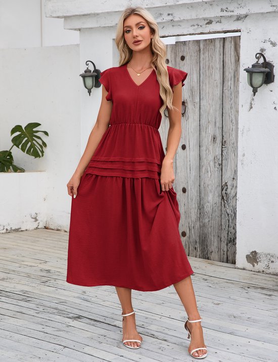 Damesjurk Lange zomerjurk Casual swingjurk Korte mouw Maxi-jurk Ruches Vrijetijdsjurk Wijnrood S