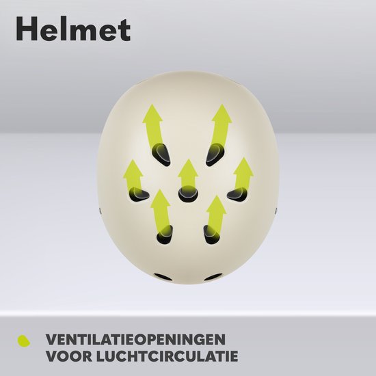 Witte helm met ventilatieopeningen waar gele pijlen uit omhoog wijzen.