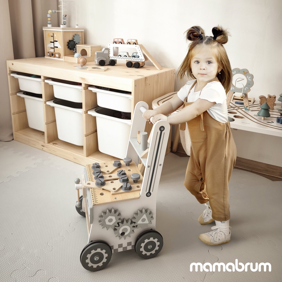 Mamabrum Houten Kinder Loopwagen en Werkbank 3-in-1 vanaf 1 Jaar - Baby Walker met Gereedschap en Activiteiten - Leren Lopen – foto 2