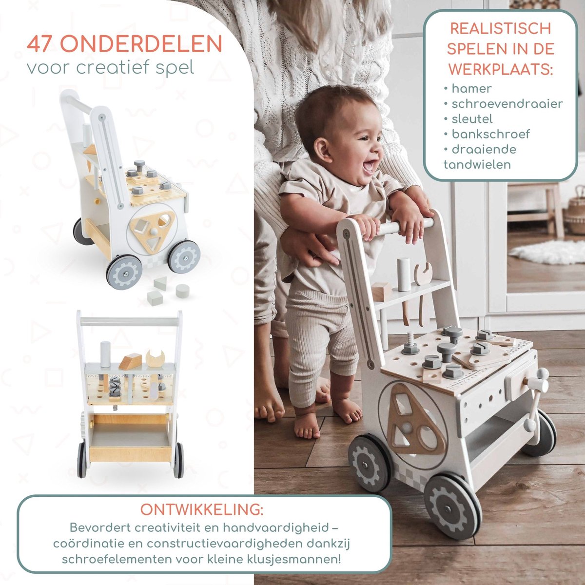 Mamabrum Houten Kinder Loopwagen en Werkbank 3-in-1 vanaf 1 Jaar - Baby Walker met Gereedschap en Activiteiten - Leren Lopen – foto 7