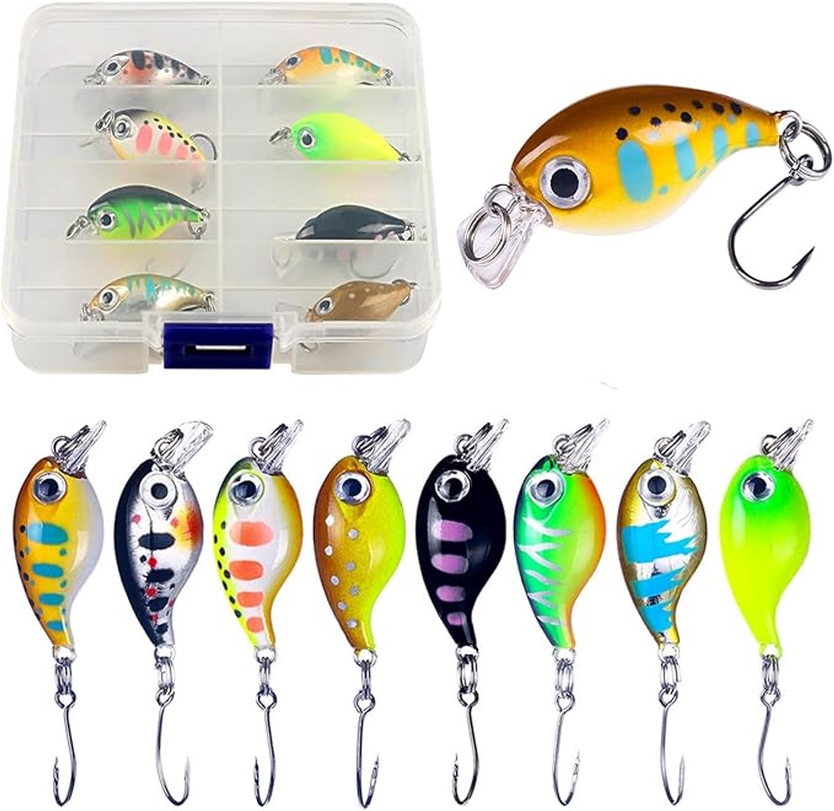 S&Dshopline® 8 stuks forelaas, wobbler visaas, kunstaas met haken, snoekaas, forel voor zout water, zoetwater, forel, baars, zalm, zeevissen en vissen in meer, met doos