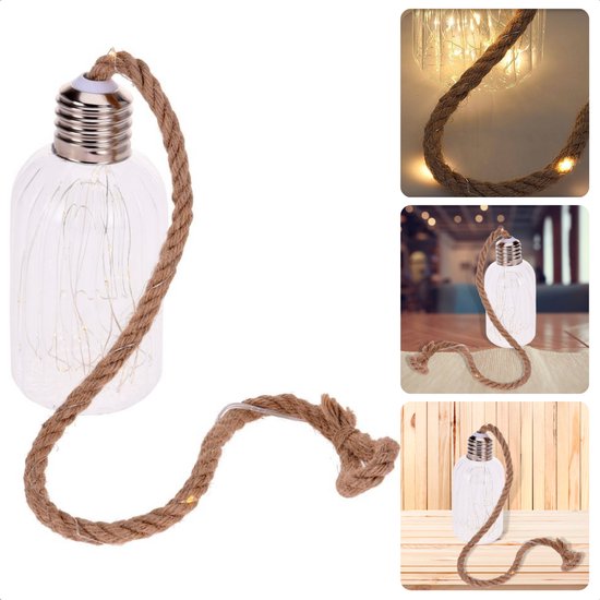 Lampe en Verres Cheqo® avec 20 LED - Éclairage de Noël - Wit chaud - Corde de jute - 17,5 cm de hauteur - Siècle des Lumières industriel