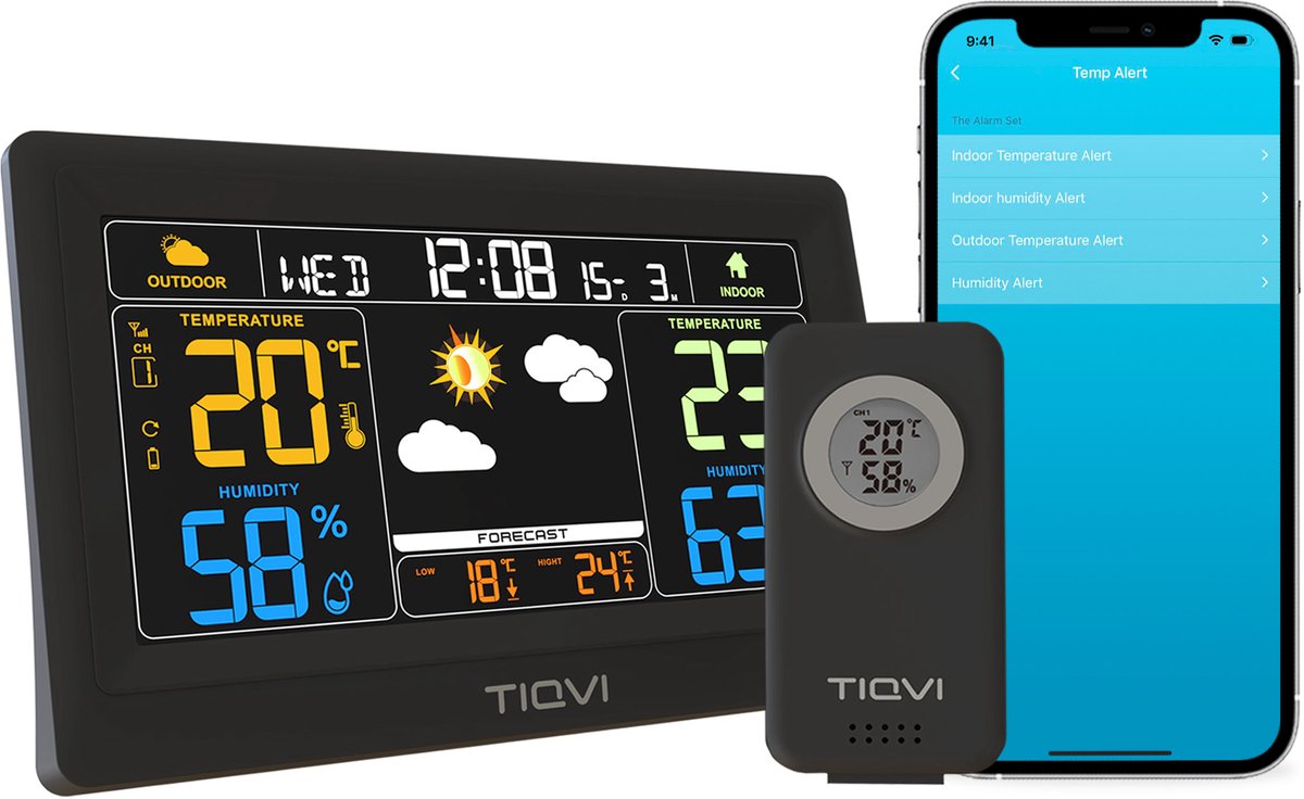 Tiqvi - Weerstation met Buitensensor - WiFi Weerstation - Draadloos - Calex Smart App - 7 inch Kleurendisplay - Binnen en Buiten