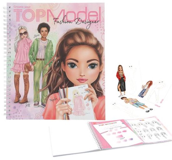 Carnet de coloriage "Create your TOPModel Fashion Designer" avec trois mannequins. Aussi, des figurines séparées, des croquis et un carnet ouvert avec application de peinture.