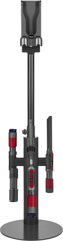 Donkergrijze, vrijstaande houder voor stofzuiger met ronde basis. Bevestigingspunten voor accessoires in rood en grijs.