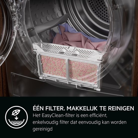 Uitneembaar wit pluizenfilter met roze pluisjes, in de trommel van een wasdroger.