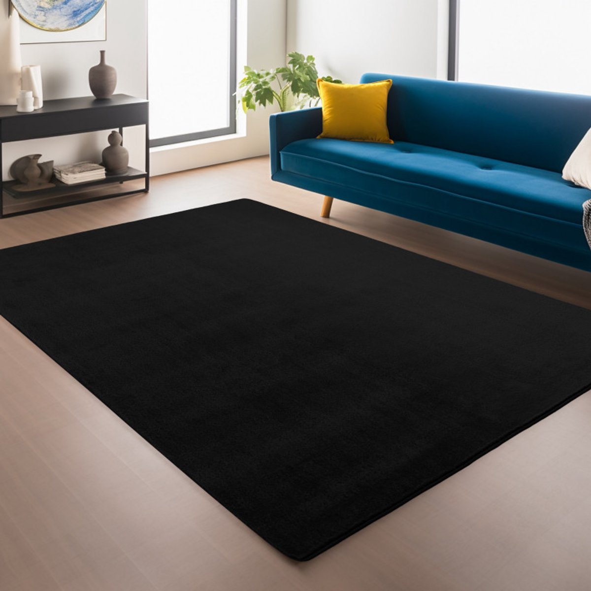 Antislip Vloerkleed Joy Zwart 200 x 280 cm Effen Kleur Zacht