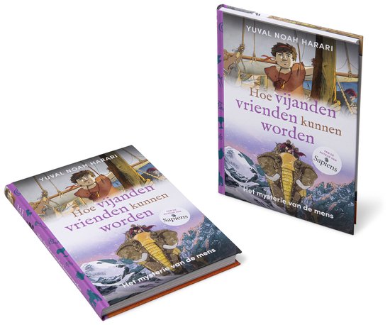 Twee exemplaren van het kinderboek 'Hoe vijanden vrienden kunnen worden' van Yuval Noah Harari. Een open boek toont een illustratie van olifanten.