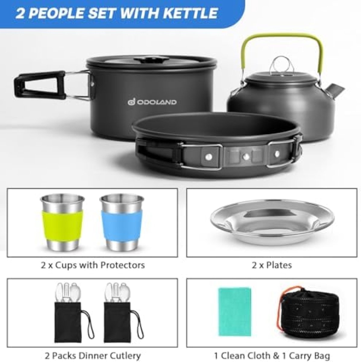 ST TRADING 15-delig Kookgerei Campingset, Lichtgewicht Antiaanbaklaag met Roestvrijstalen Kopjes en Bestek voor Kamperen, Backpacken en Outdoor Activiteiten