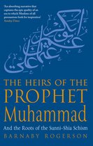 Boekcover met blauwe achtergrond en gouden tekst: 'The Heirs of the Prophet Muhammad And the Roots of the Sunni-Shia Schism' door Barnaby Rogerson.