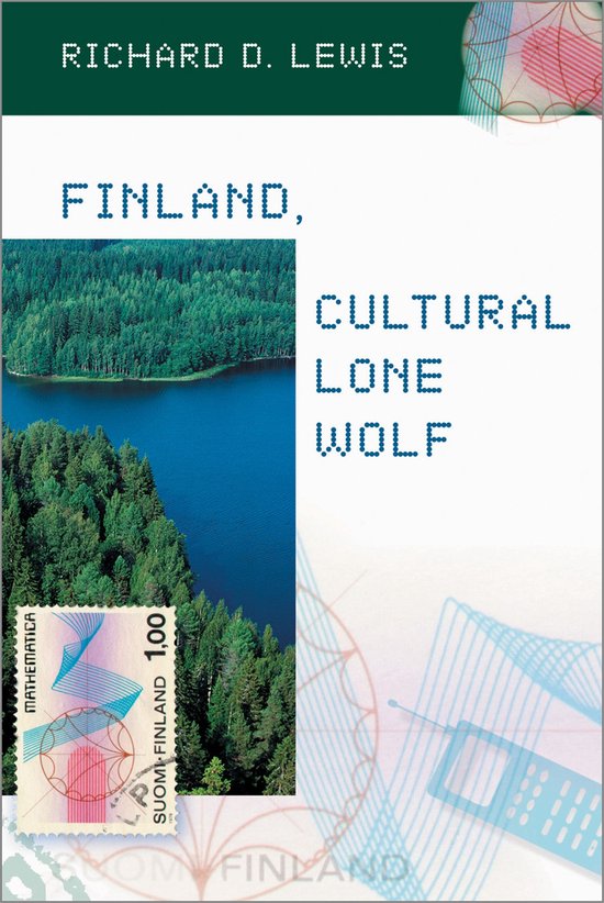 Boekcover: "Finland, Cultural Lone Wolf" met een landschap van een meer en bomen, met een postzegel.