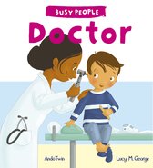 Een vrouwelijke dokter met een donkere huid, in een witte doktersjas, onderzoekt het oor van een jong jongetje met een otoscoop. De titel 'BUSY PEOPLE Doctor' staat bovenaan.