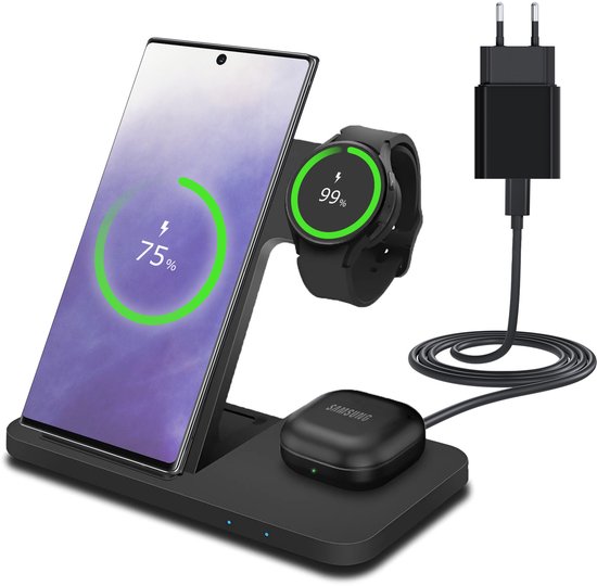 Draadloos Oplaadstation voor Samsung van MMOBIEL – 3-in-1 Draadloze Oplader 15W voor MagSafe Samsung Galaxy S25/S24/S23/S22 Series, Watch 6/5/4, Galaxy Buds – Snellader – Inclusief 20W Adapter – Zwart