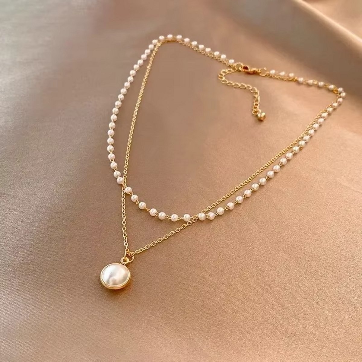 Fler® | Stijlvol | Klassiek | Luxe | Dubbele Ketting Dames | Dubbele Collier Vrouw | Parel | Kralen | Parelhanger | Goudkleurig