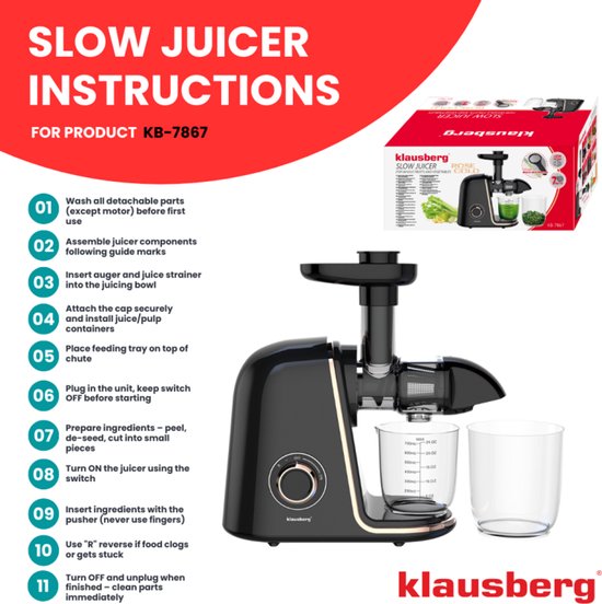 Klausberg Slow Juicer KB-7867 - 150W - 700 ml - Cold Press - Groenten en Fruitpers - Roségouden Accenten - Luxe Design & Hoog Saprendement van Klausberg — afbeelding 2