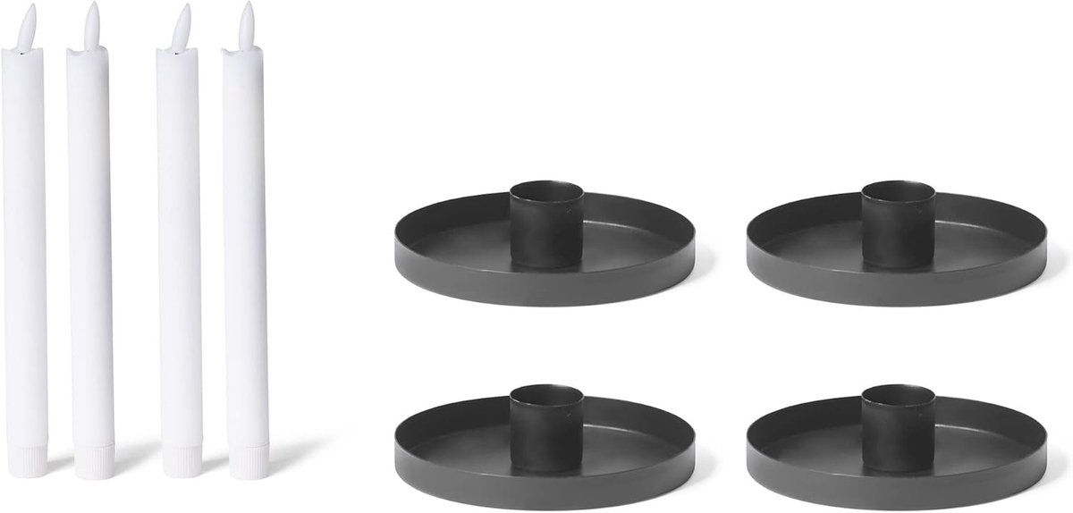 Novaliv 4x kaarsenhouders 9cm metalen taps toelopende kaarsenhouder ZWARTE kaarsenplaat met taps toelopende kaarsen LED premium echte wax kaars flikkerend effect vlamloze kaarsenhouder kaarspen taps toelopende kaarsen tafelkaarsen
