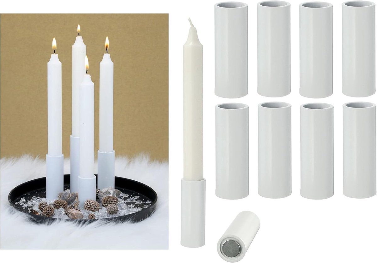 Novaliv 8x kaarsenhouders voor stokkaarsen Kaarsenhouder magnetisch wit 2,8x7,5cm woonkamerdecoratie kaarsenhouder magneet tafelkaarsen tafeldecoratie Kerstmis scandinavisch chic kaarsenmondstuk