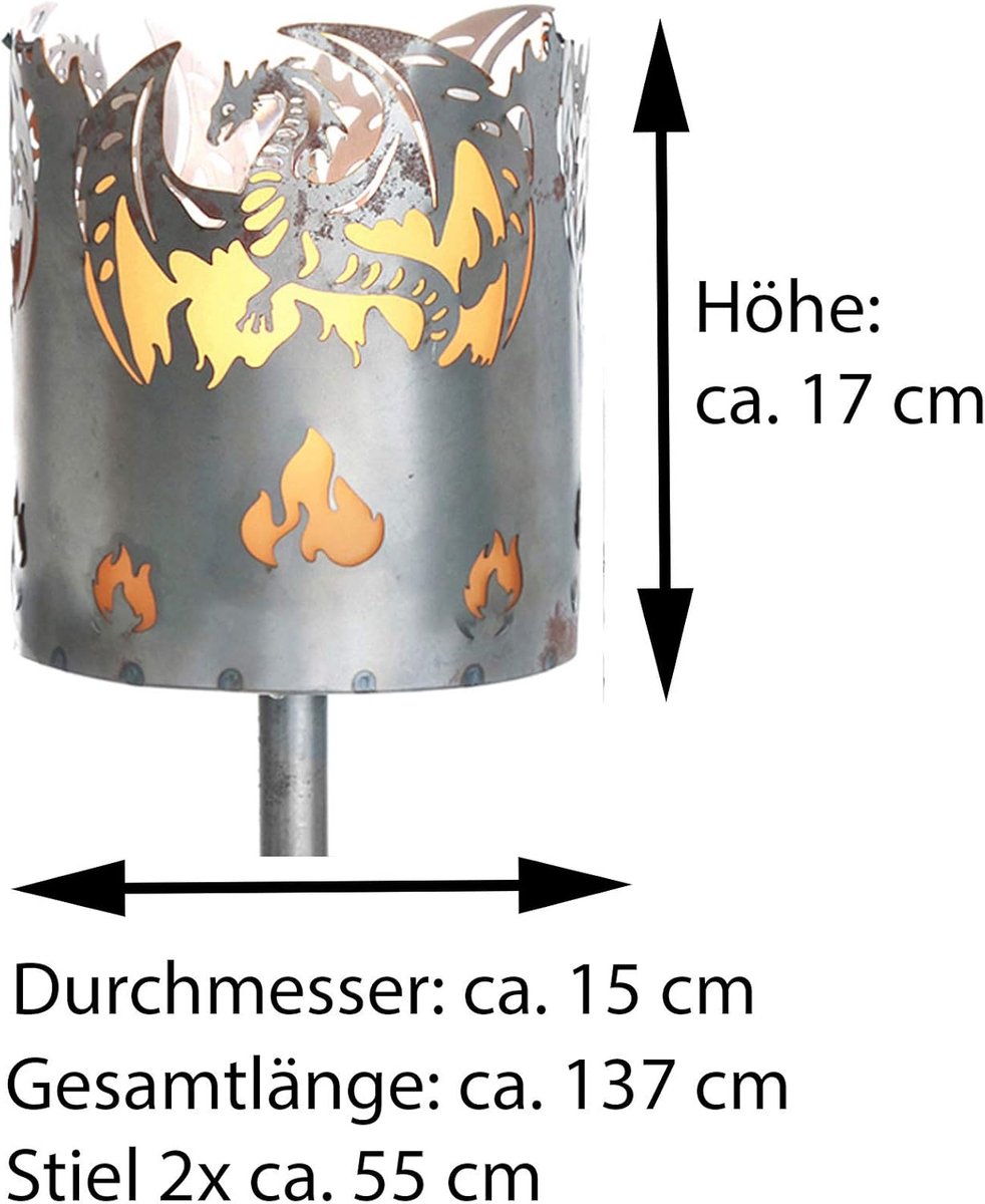 Tuinfakkel draak vuurschaal metaal met handvat brandstof solar lamp LED