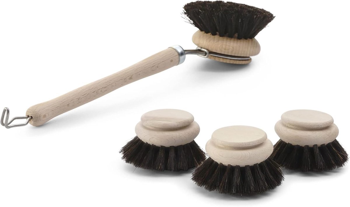 4-delige set 1x afwasborstel I 3x reservekoppen I paardenhaar I hout I groot I afwasborstels keukenborstels afwasborstels schrobborstels schoonmaakborstels borstels keuken