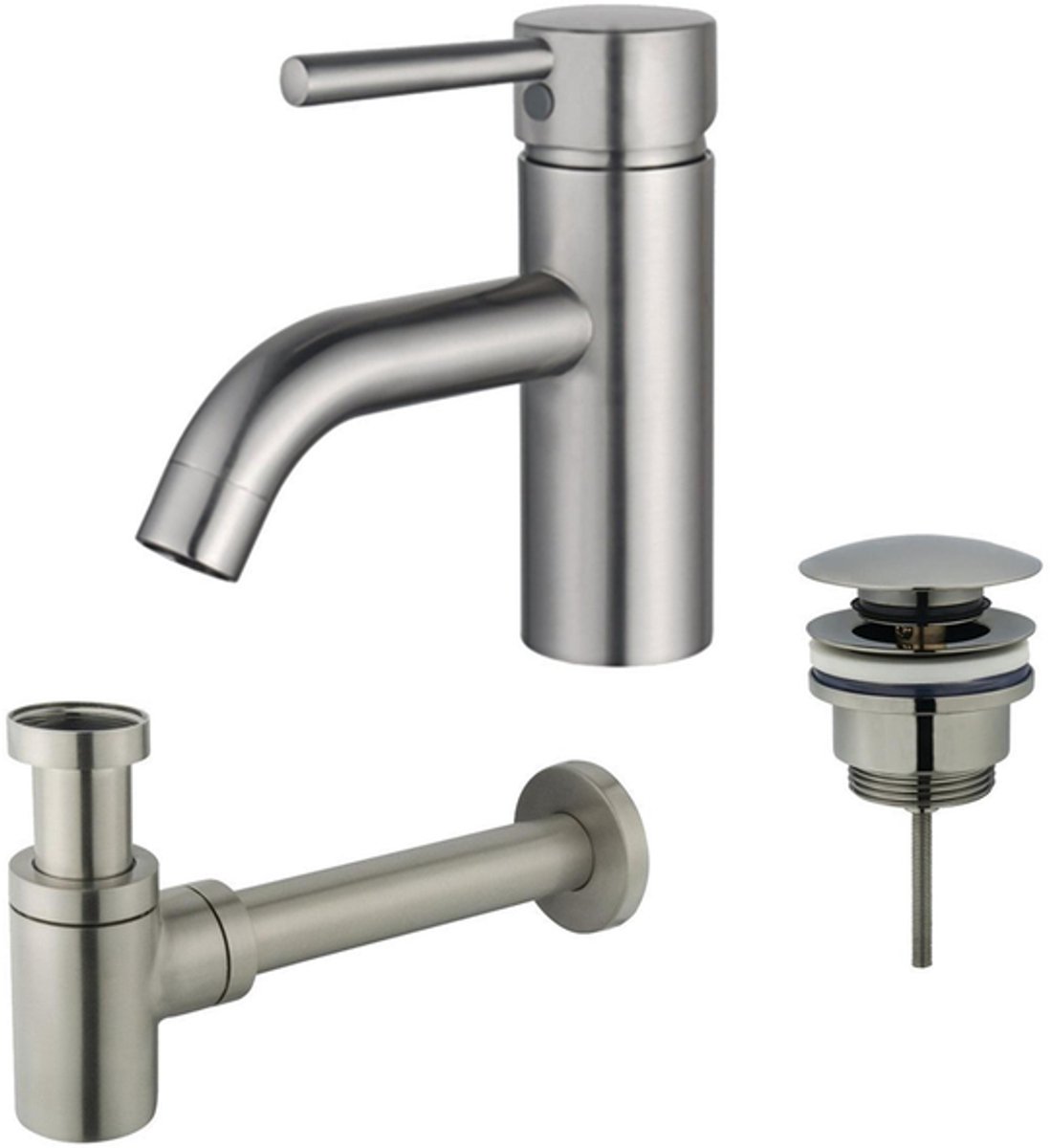 FugaFlow Eccelente Sobrado Badkamer Wastafelkraanset - lage wastafelkraan - klikwaste plug - verlaagde design sifon - PVD Geborsteld RVS