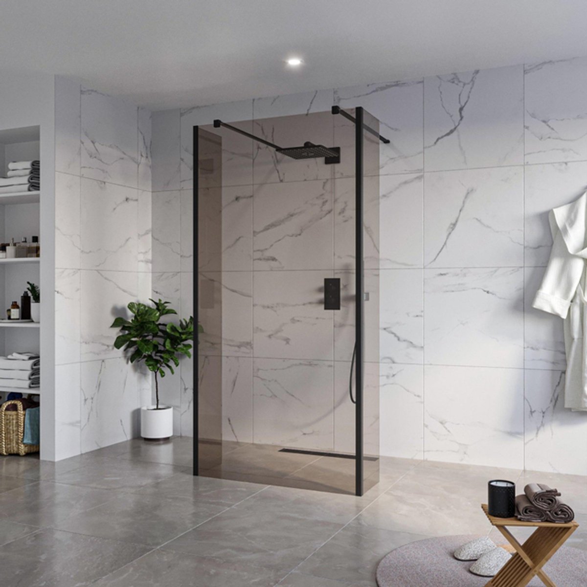 FugaFlow Eccelente Vetro Vrijstaande inloopdouche badkamer - 100x200cm - Rookglas - antikalk - 8mm veiligheidsglas - 2 zijwanden 40cm - met wandarmen en hoekprofielen - Zwart mat -